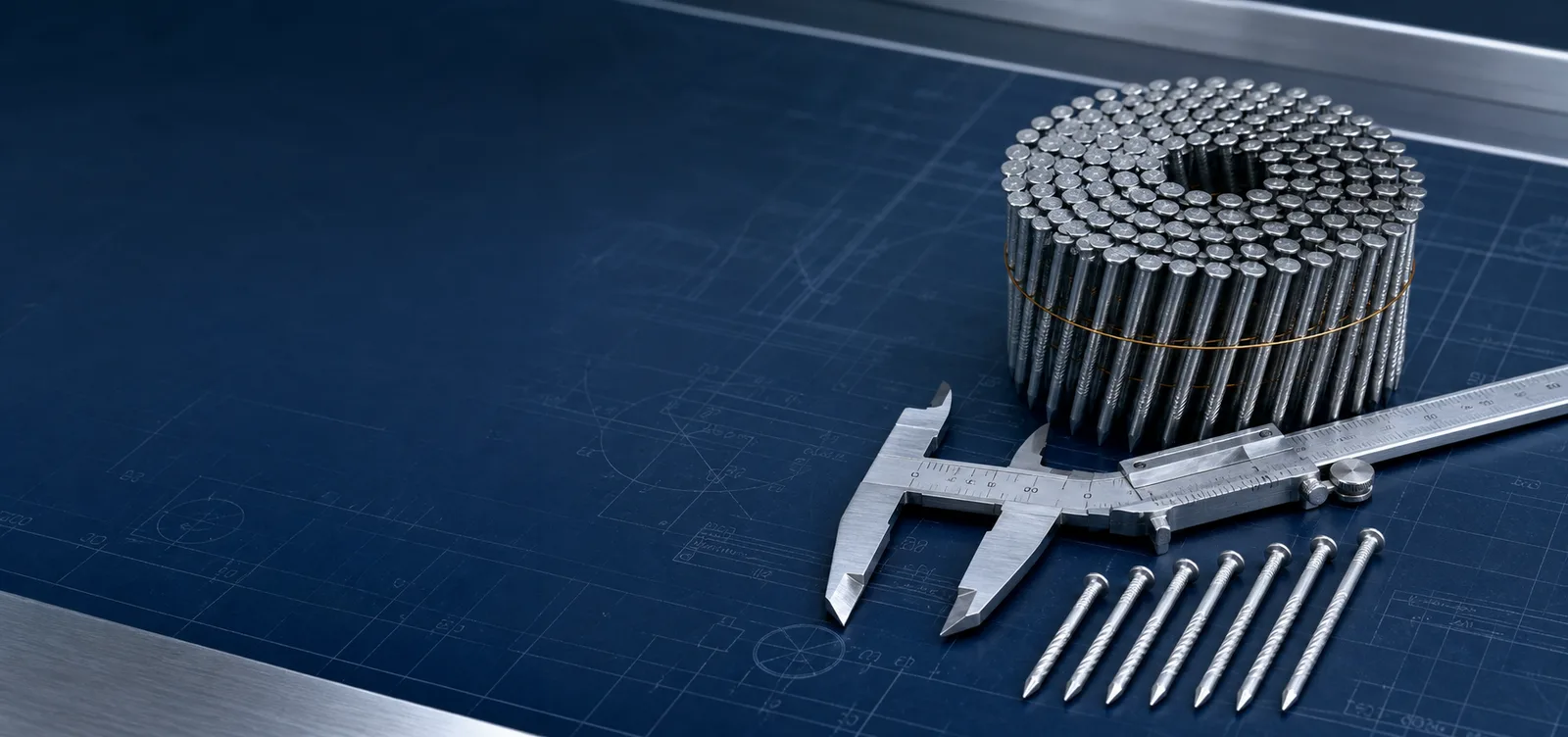 Structural coil nails with a caliper on a blueprint-style standards table