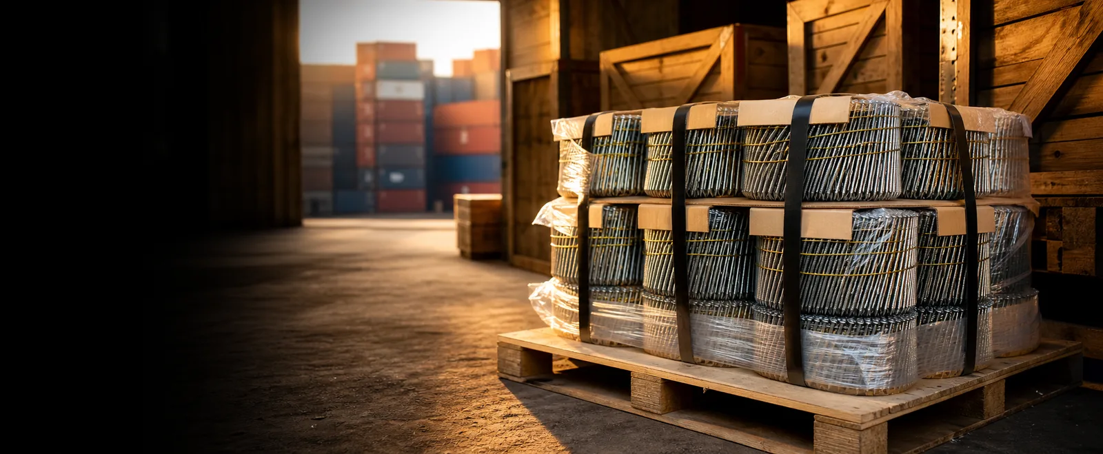 Export-ready bundles of coil nails strapped on a pallet in a warehouse