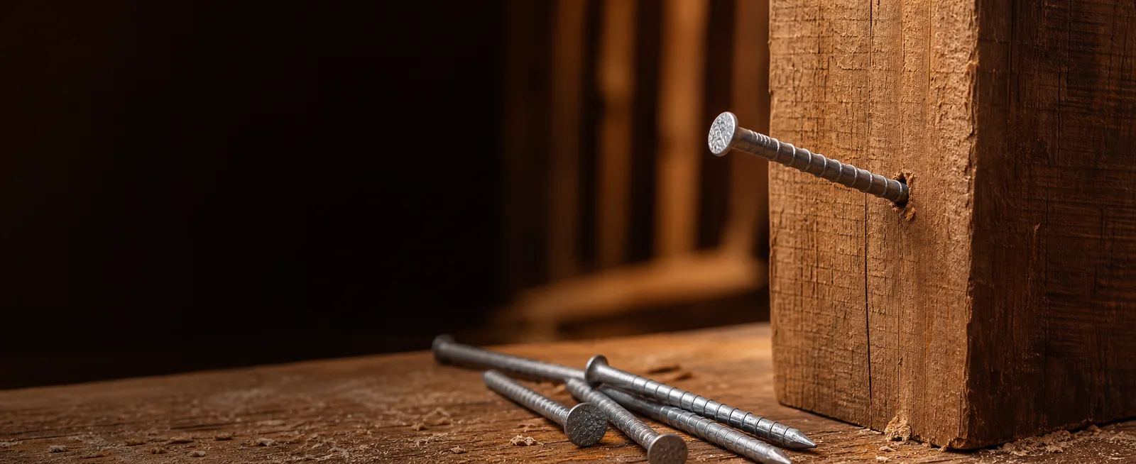 Ring shank nails embedded in timber with visible annular grooves