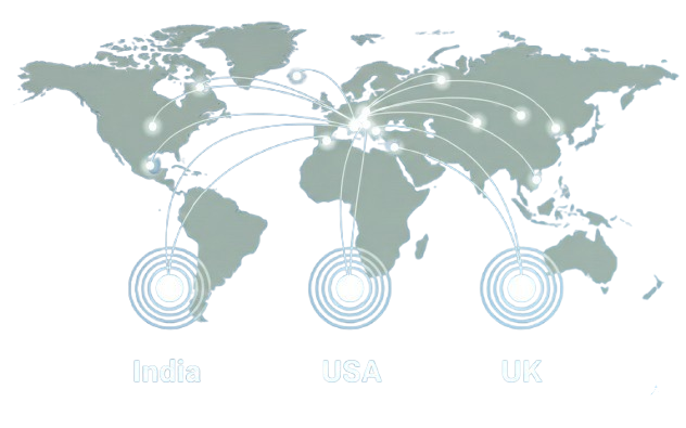 World map showing global presence in UK and India