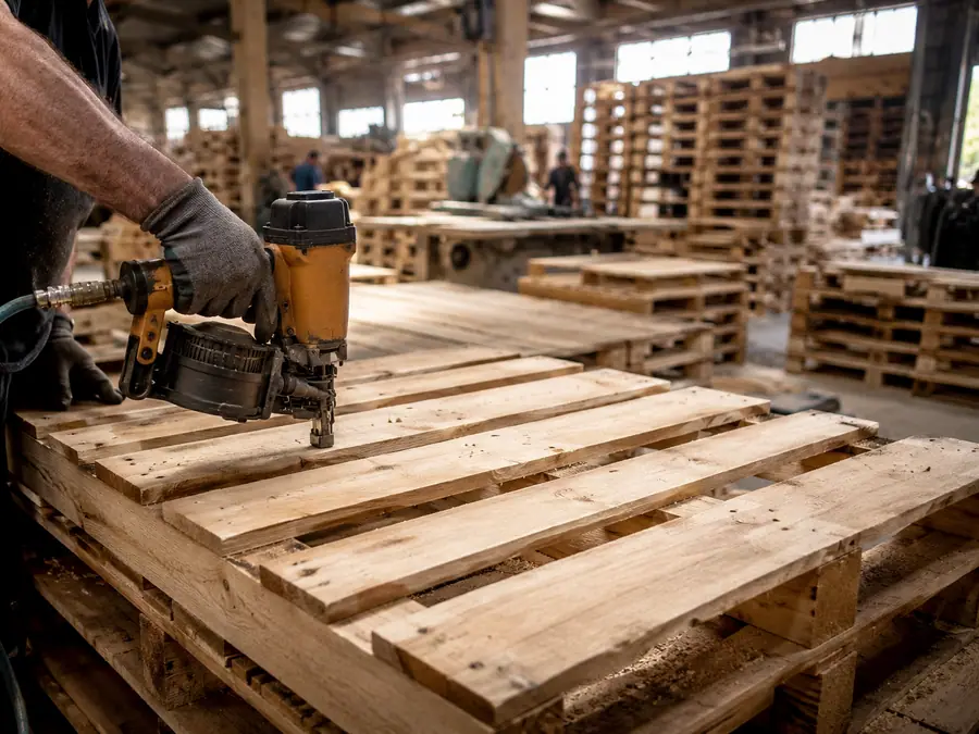 Wooden pallets being manufactured