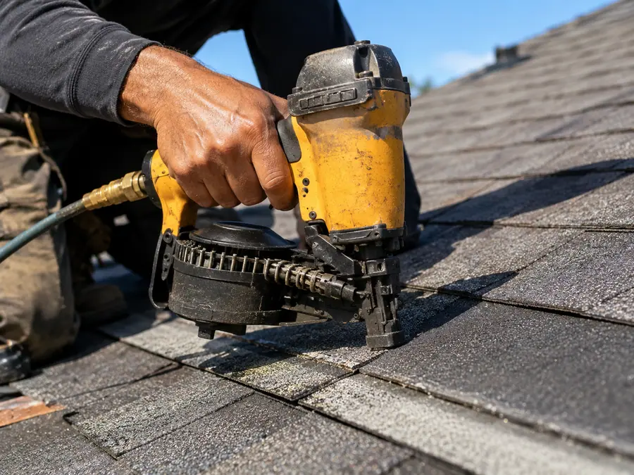 Worker operating automated roofing nailer